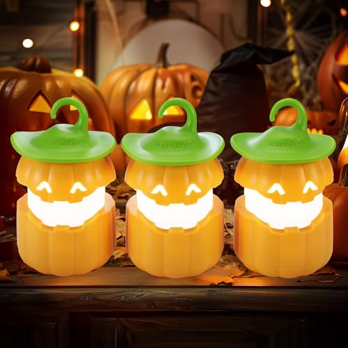 Everbrite Lot de 3 Citrouilles Lumineuses Halloween, Lanterne Citrouille Halloween LED Suspendue 2 Couleurs, Décoration Halloween Citrouille Intérieur Extérieur Jardin pour Fête & Activités