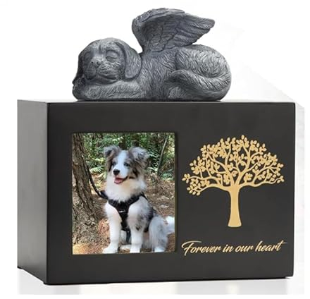 DiDiBirDi urna para Cenizas de Perro Caja para Cenizas de Perro de Madera Negra Caja para Cenizas de Perro con Estatua de Perro y Bolsa de Tela para Cenizas (25kg)