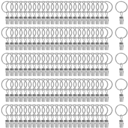 Funsuei 120 stycken 25 mm gardinringar med klämmor, gardinklämmor med ringar, gardin hängande ringar, gardiner ringar silver