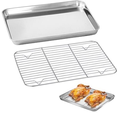 Pizsieat Teglia da Forno Rettangolare con Griglia di Raffreddamento, Teglia con Griglia, 31,4x24,6x2,5cm Vassoio da Forno in Acciaio Inox, Teglia con Griglia da Forno per Cuocere Cucinare Torte