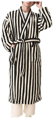 Augystre Men's Bathrobe Sauna Soft Winter Dressing Gown Striped Morning Robe Lightweight Sauna Robe Elegant Pyjamas Scarves Long Loungewear Bathrobe Handkerchief Dress Sleepwear, black, XL