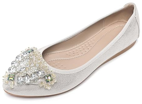 YOUNIFIZ Women's Ballet Flats Rhinestones Wedding Ballerina Shoes Foldable Portable Pumps Sparkly Comfort Slip on Flat Shoes(Silver,Size 4)