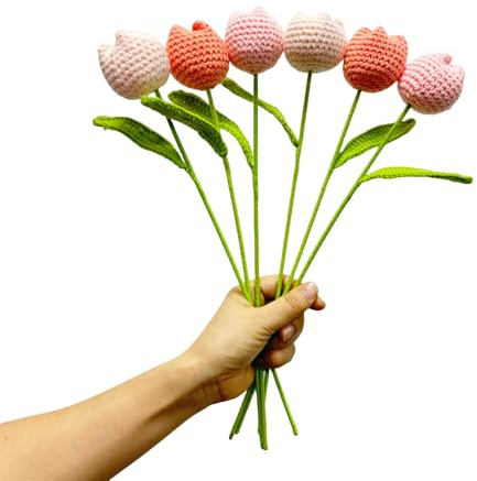 Urier - Bouquet di tulipani in crochet di 6 pezzi, 38 cm Bouquet intrecciati a mano, fiori artificiali in crochet fatti a mano in cotone, tulipani in bulk per la decorazione della casa, centrotavola