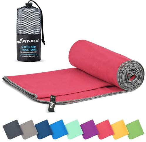 Fit-Flip Asciugamano microfibra - compatto e ultraleggero - asciugamani palestra - il perfetto telo mare grande - ottimale per viaggio, sport e piscina (100x200cm Corallo - Grigio)