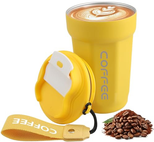 Lrocotanc Taza de Café Para Llevar - Termo de Acero Inoxidable 450ml - Vaso Térmico para Café - Taza Aislante Al Vacío A Prueba de Fugas con Tapa - Coffee Mug (Amarillo)