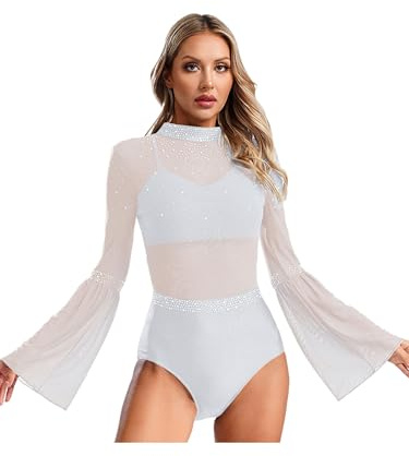 Xnihocha Damen Glitzer Tanzbody Sheer Mesh Tanzanzug Langarm Ballettanzug mit Strass Einteiliger Eiskunstlauf Tanz Trikotanzug Weiß S