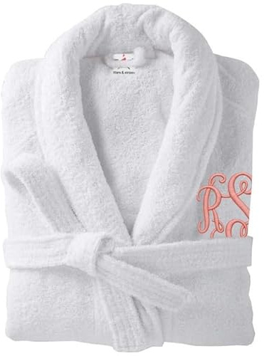 Stars and Stripes Personalised Custom Embroidered Initial 100% Cotton Terry Towel Bathrobe Soft Spa Hotel Quality Unisex Vine Monogram Font Dressing Gown (White, S-M)