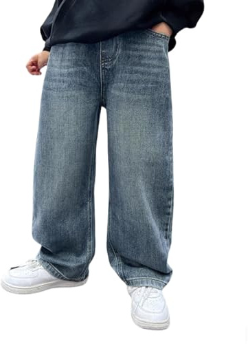 Jeans baggy da ragazzo, ampi, dritti, con strappi, pantaloni in denim con elastico regolabile in vita, vintage, casual, pantaloni in denim per bambini, vestibilità ampia, pantaloni cargo, pantaloni da