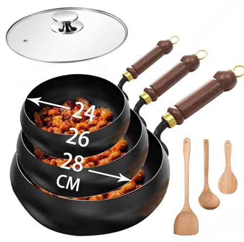 Poêle japonaise en fer antiadhésive forgée à la main - 24/26/28 cm - En acier inoxydable non revêtue - Pour cuisson naturelle, cuisinière à gaz et à induction (couvercle en verre, 28 cm)