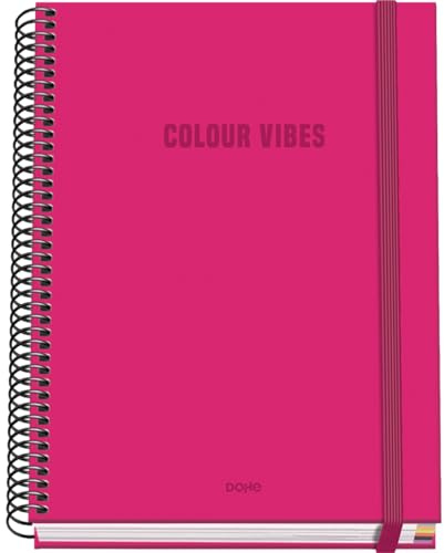 Dohe - Cuaderno A5 Cuadriculado - 100 Hojas Grosor 90 gr/m², Tamaño 16,2x21 cm, Tapa Dura, Cierre Anillas y Goma Elástica, Cuadrícula 5 mm, Material Escolar - COLOUR VIBES Rosa