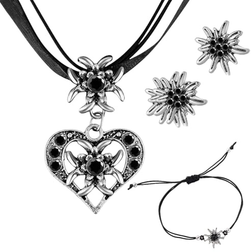 GWAWG Ensemble de Bijoux Tracht Edelweiss 3 pièces Femme – Collier Gothique, Bracelet Réglable & Boucles d’Oreilles – Accessoire Costume Dirndl, Oktoberfest, Cosplay Médiéval