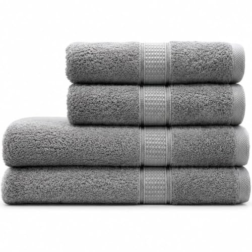 Harmatex 4 teiliges Premium Badetuchset - 100% Baumwolle 550 g/m² - Saugstark & Weich - ÖKOTEX Zertifiziert (2X 70X140cm + 2X 50X100cm) 2 Aufhänger Ideal für Bad, Sauna & Hotel Grau (Gray)