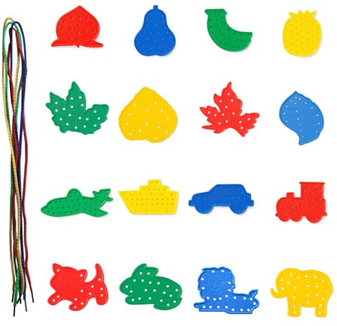 Jyinelx 16 PCS Threading, Toddler Activities, Transportation and Animal Shapes Lacing Cards with Lines, Early Learning Game