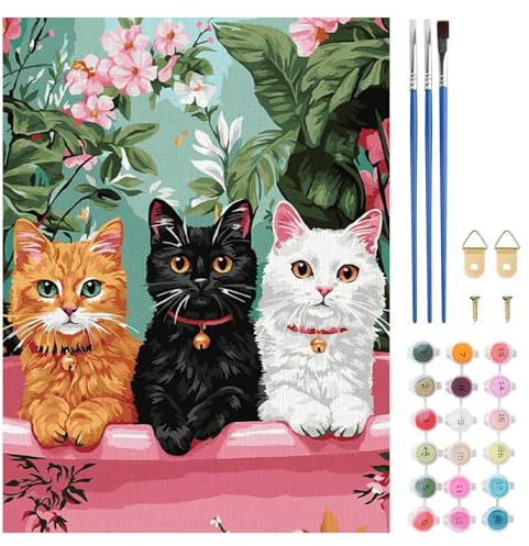 TLIOBLO Trois chats Peinture par Numéros pour Adulte, DIY Peinture pour Adultes Enfants Débutants Facile sur Toile avec Peintures et Pinceaux, Décor Maison Cadeaux 30x40cm