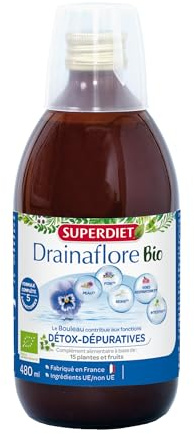 SUPERDIET-DRAINAFLORE BOISSON BIO-Drainage & Détox-Programme complet de détoxification des 5 émonctoires-Made in France-Flacon de 480ml