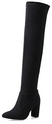 OALEEN Bottes Cuissardes Femme Sexy Talon Haut Carré Hiver Elastique Bout Pointu Chaussures Noir 44