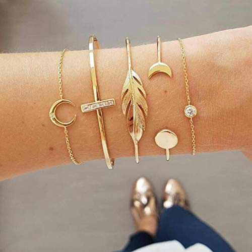 Jovono Boho Lot de 5 bracelets ouverts ouverts à extrémité dorée avec feuilles et lune pour femme et fille