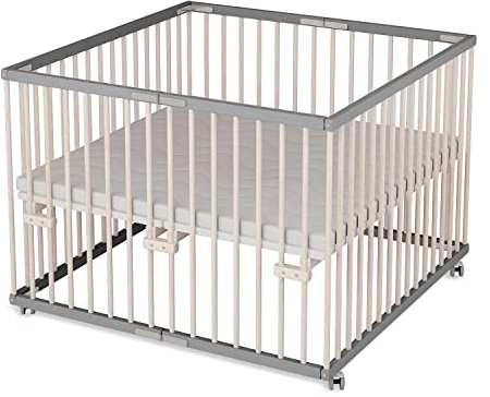 Sämann Laufgitter faltbar 100x100 cm mit Matratze - PREMIUM - stufenlos höhenverstellbar - Laufstall klappbar - Baby Buche grau/natur