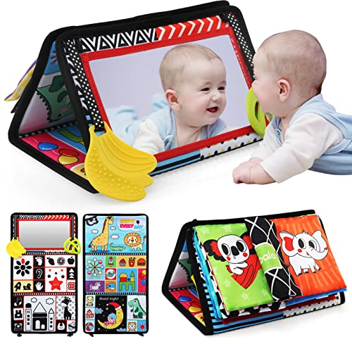 BelleStyle Baby Spiegel Spielzeug mit Kontrastbuch, Babyspielzeug ab 0 3 6 9 12 Monate, Schwarz Weiß Buch Kontrast Stoffbuch Knisterbuch Lernspielzeug Geschenk für Neugeborenes Kleinkinder