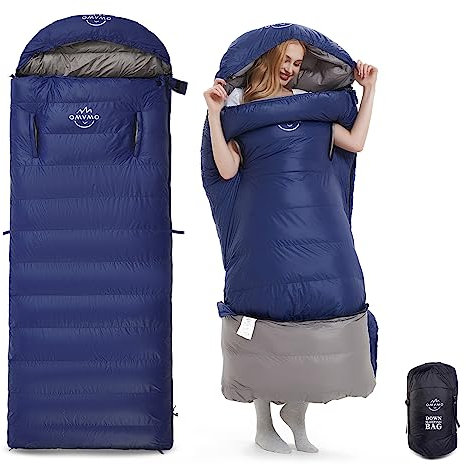 OMVMO 20 Grad F Daunenschlafsack für Erwachsene, 4-Jahreszeiten-Umschlag-Daunenfaser-Schlafsack mit Armlöchern für Rucksackreisen und Camping, tragbar und ultraleicht, kompakt