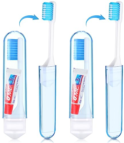 Nuenen 2 Stück Tragbare Weiche Zahnbürsten Reisezahnbürsten Faltbare Camping Zahnbürste mit Weichen Borsten Mini Klappbare Reisezahnbürste mit Zahnpasten für Kinder Erwachsene (Blau)