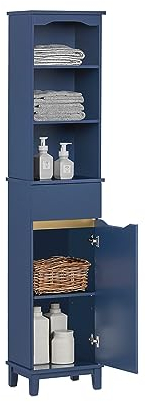 SoBuy Badezimmerschrank Hochschrank Badschrank Schmal mit 3 offenen Regalen, Schrank mit Tür und Schublade Badmöbel als platzsparender für Badezimmer 35 x 30 x 170 cm BZR112-B