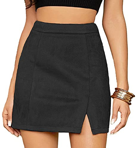Jupe Courte pour Femme Jupe en Faux Suède pour Femme Jupe Moulante Fendue sur le côté Mini-jupe Taille Haute Une Ligne Jupe Courte Mini-jupe pour Femme Taille Haute en Faux Suède