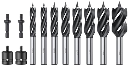 AMTOVL Wood Drill Bit, 8PCS Reaming Drill Wood Auger with 2 Types Adapter High-Carbon Steel Fast Cut Woodworking Drill Bit Set 12-32MM