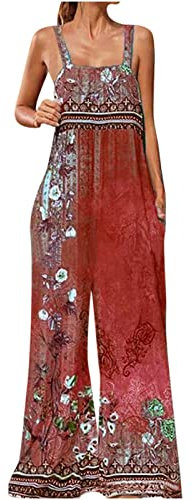 Latzhose für Damen, Übergröße, mit Taschen, lässiger Stil, ärmellos, weite Passform, Vintage, Blumendruck, bequeme Träger, für Damen, Weinrot, XXL, bordeaux, 48