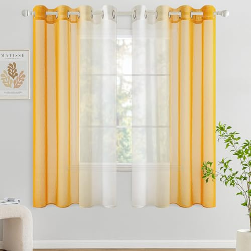 Woaboy Cortina Corta Ventana Translúcida Visillo Dormitorio con Ojales Moderno Decorativas Poliéster Visillos Degradado Gradiente para Habitación Salon 2 Piezas 140x145cm Naranja