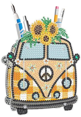 Lebartm DIY Diamant Malerei Stifthalter Ornamente Desktop Bleistifthalter Ornamente Doppelseitiger Punktbohrer Make-up Pinselhalter Organizer Bürobedarf für Zuhause Schule-Bus