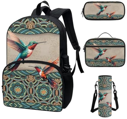 COEQINE Retro Backpack Cooler Lunch Box 4 Pieces Floral Backpack Lunch Box Water Bottle Set Toddler Girls Large Pencil Case Book Bag Large Water Bottle Pocket,Beige Green