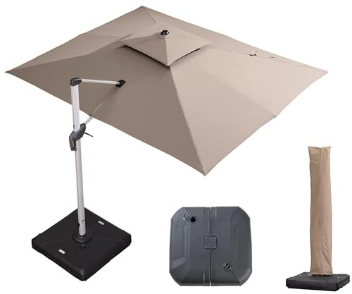 PURPLE LEAF Parasol Déporté 2,7 x 3,65 m Rectangulaire avec Pied, Parasol de Jardin Extérieur à Toit Double Rotatif 360°, Anti-UV, Convient au Patio, Piscines, Cafés et Restaurants, Beige
