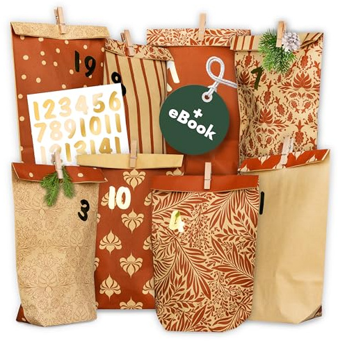 Amari ® Calendrier de l'Avent à remplir - 24 sachets en papier pour Noël (avec pinces en bois) à bricoler pour Noël - Sachets de Noël en papier avec autocollants numérotés