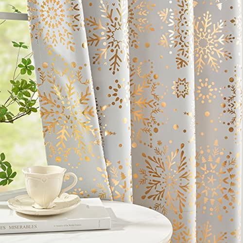 White Gold Blackout Curtains for Bedroom Living Room Medallion Snowflake Print Thermal Window Drapes for Christmas 90 inch Triple Weave Energy Saving Foil Window Treatment Set 1 Pair Grommet 50w
