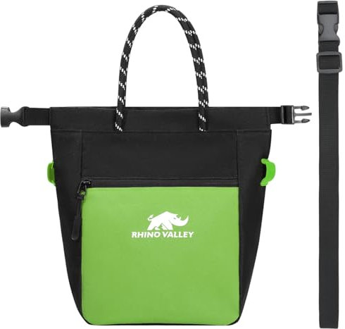 Rhino Valley Magnesiabeutel, kein Leck magnetische Klettern Chalk Bag mit Griff, Klettern Chalk Bucket Gear mit verstellbaren Gürtel Reißverschlusstaschen für Fitness, Gewichtheben, Schwarz+Grün