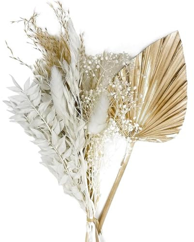 Dried Flowers for Cakes, White Dried Flowers Bouquet Gold Palm Leaf Cake Topper Decorations Boho Cake Decorations for Birthday Wedding and Crafts