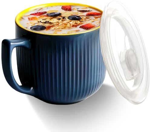 GOMETY Bol à soupe en céramique avec anse - 900 ml - Pour micro-ondes - Avec couvercle - Grande tasse à café - Pour déjeuner, pâtes, fruits, céréales Gris