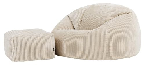 icon Kingston Cord XL Bean Bag & Footstool with Filling Included, Beige | Made in the UK, Adult Beanbag, Comfy Chair, Soft Corduroy Fabric, Floor Chair For Lounge and Bedroom