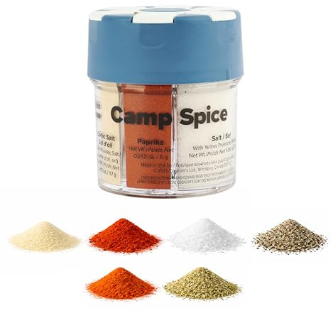 Coghlan's Camp Spice – Shaker per spezie 6 in 1 con Caienna, origano, sale d'aglio, paprika, sale e pepe nero, condimento compatto per campeggio, barbecue, viaggi, cucine domestiche, prodotto negli