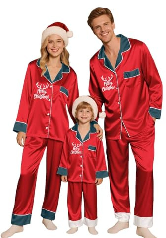 Pijamas De Navidad Para Parejas, Pijama Navidad Familia Natal Pijamas a Conjunto de Seda de Satén Loungewear Christmas Manga Largos Estampada Ropa De Dormir Camiseta Y Pantalones para Hombre Mujer
