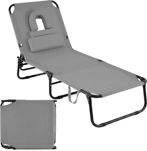 Multigot Folding Sun Lounger, 4-Position Adjustable Reclining Chair Tanning Chair with Face Hole and 3 Removable Pillows, Outdoor Sunbathing Face Down Chaise Chair for Beach Patio Poolside (Grey)
