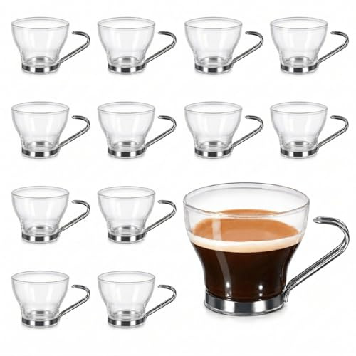 Set 12 Tazzine Espresso in Vetro 85 ml – Tazzine Caffè Eleganti con Manico Ergonomico e Base Cromata – Bicchieri Espresso Moderni Resistenti al Calore – Tazzine da Caffè Design per Casa e Ufficio