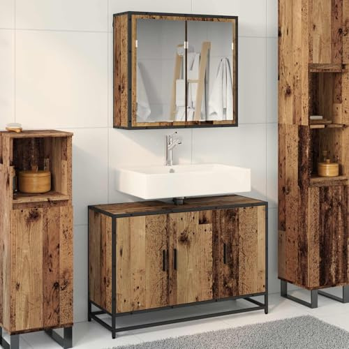 Yunovire Badrumsmöbelset 2 stycken gammalt trä trämaterial 90 x 33 x 60 cm med handfatsunderskåp spegelskåp väggmonterbart, gott om lagringsutrymme för gäster, WC badrum förvaring