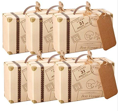 AmaJOY Mini-Koffer, Gastgeschenkbox für Hochzeiten mit Anhängeschildchen aus Kraftpapier und Leinenschnur, Süßigkeitenschachtel für Geburtstagsfeier/Babyparty/Hochzeitsdekor, 50 Stück