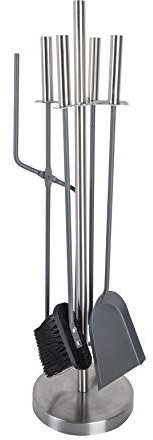 ADGO Set Cassetta Degli Attrezzi Set per Caminetto Camino Stufa Grill Falò 5 Pezzi: Stand, Poker, Spatola, Spazzola, Pinze, Acciaio Inossidabile Forgiato Metallo Moderno, Grigio argento