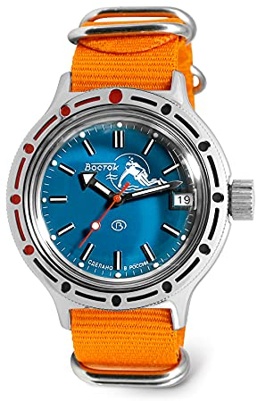 VOSTOK Scuba Dude Amphibian Automatik Herren Selbstaufzug | Militär Taucher Armbanduhr | Mode | Business | Casual Herrenuhren | Modell 420059 Orangener Riemen B