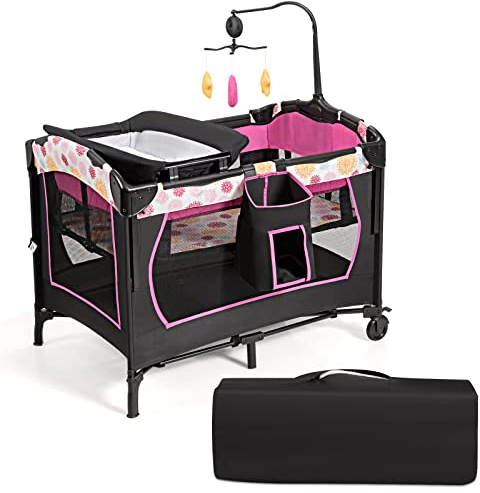 GOPLUS 3 in 1 klappbares Babyreisebett, Wickelauflage & Laufstall & Kinderbett, Reisebett auf Rollen, inkl. Musikbox, Spielbogen, höhenverstellbare Matraze, ab Geburt bis 15 kg, Farbwahl (Rosa)
