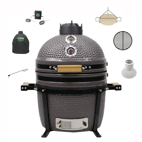 YNNI KAMADO TQTT15GY Kamado de pie libre de 15.6 pulgadas, parrilla, gris, barbacoa, cerámica, huevo, ahumador, paquete con ExtrasTQTT15GY