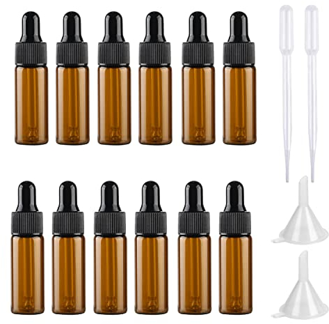 LusDoly 12 Stück 5ml Mini Braunglasflasche mit Pipette Leere Braune Glasflasche Pipettenflasche Klein Probe Glas Tropfflasche für Ätherisches Öl Parfüm Flüssigkeitsflaschen mit Trichter